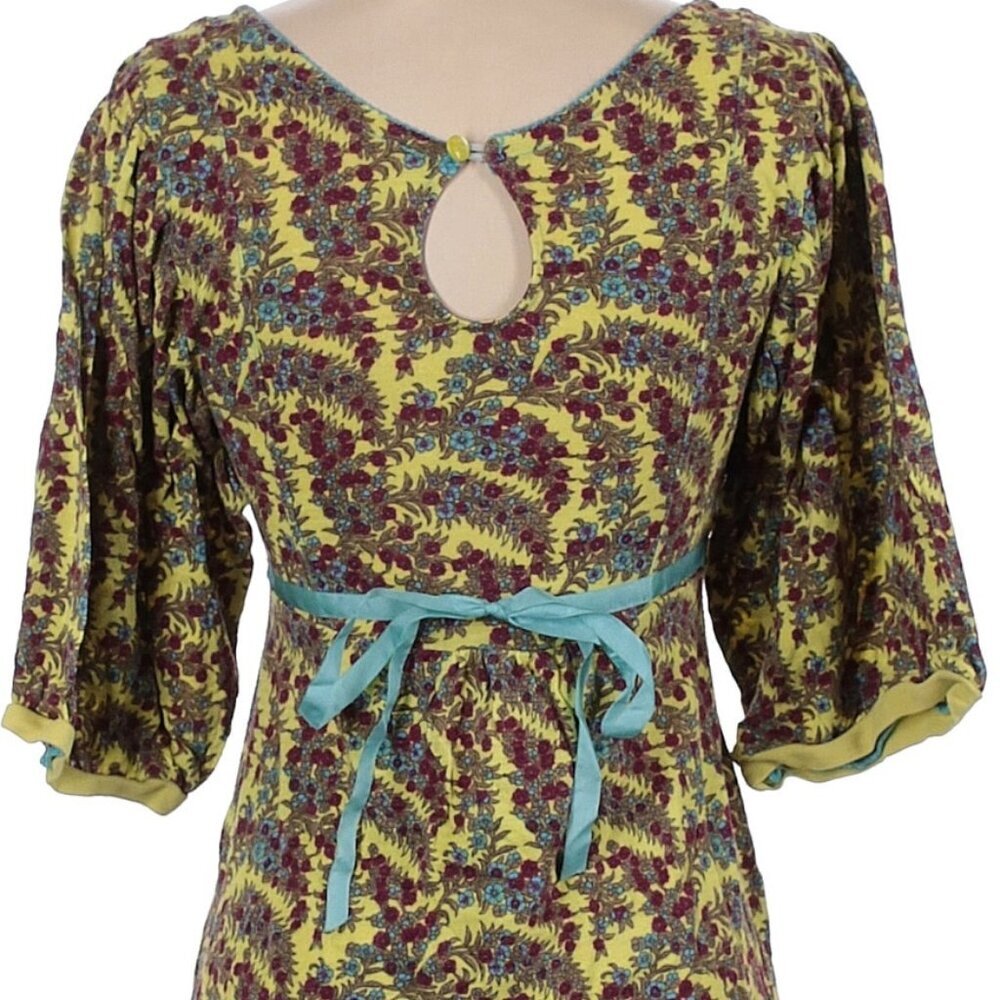 Free People Vibrant Floral Print Shirt Puff Sleeve Turquoise Tie Back Size XS - Picture 2 of 4